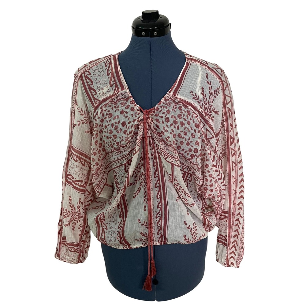 Free People Yo Yo Geo Peasant Blouse Red Cream Paisley Lace Up Tassel Boho M - Picture 3 of 16